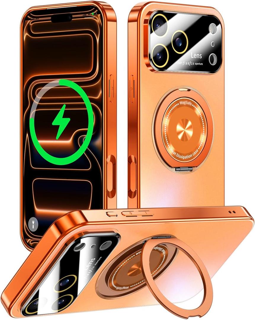 for iPhone 17 Pro Max Case with Spin Magnetic Stand [Integrated Camera Cover] [Fit for MagSafe] Slim Shockproof Protection Phone case with Kickstand 6.9'', Cosmic Orange