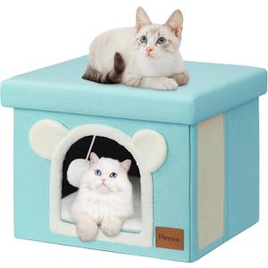 Covered Cat House Cat Bed for Indoor Cats Multifunctional Living Room Footstool Kitty Condo with Double-Sided Mat and Cat Scratching Board(Mint, Footstool)