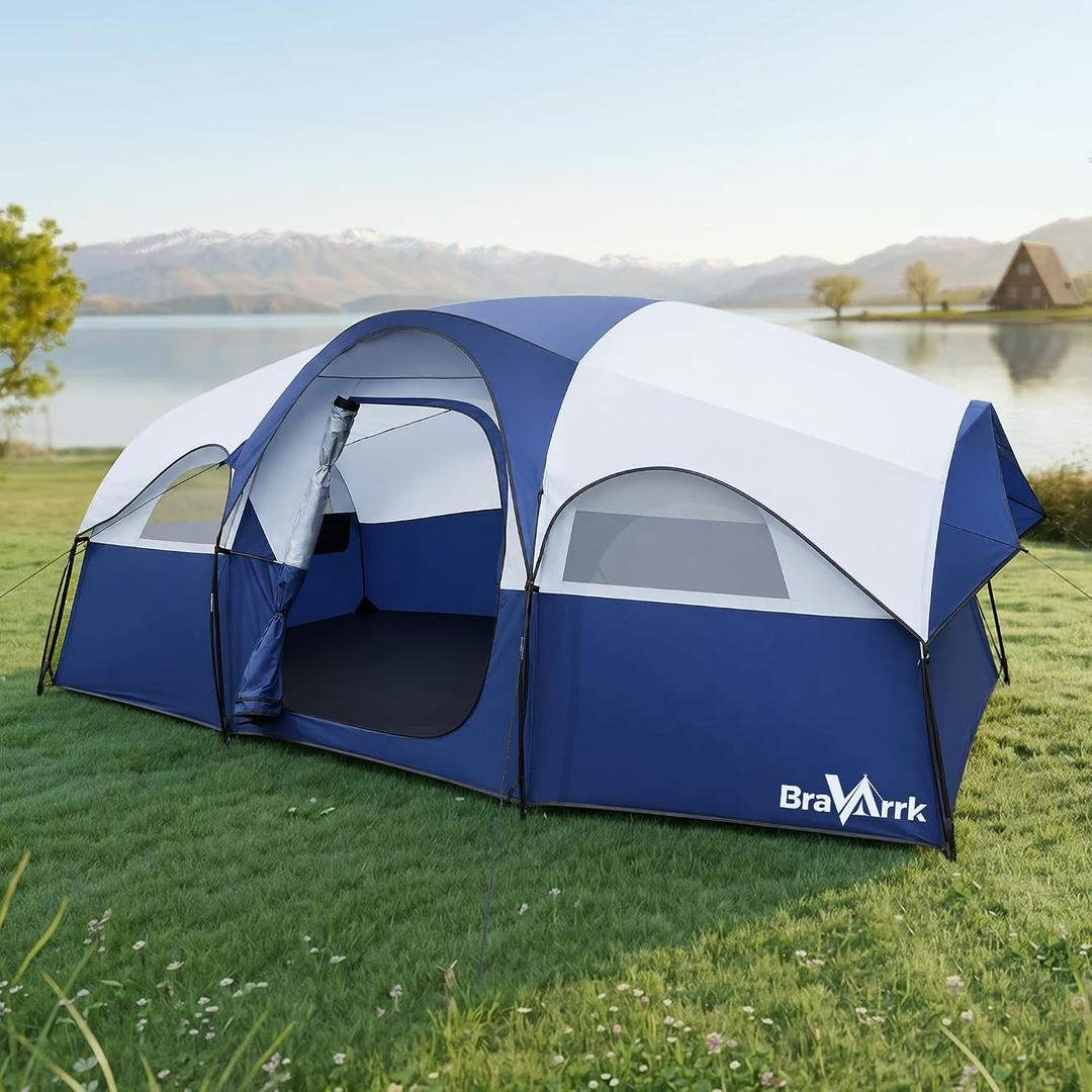Camping Tent for 8 Person, PU3000MM Waterproof Family Tent with Rainfly, Large Roomy 3 Room Camping Tents with Divided Curtain, Portable Outdoor Tent for Families Car Camping, 14x9x6 ft