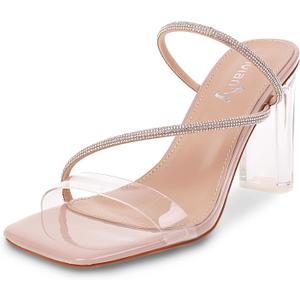 Vivianly Womens Square Toe Clear Rhinestone Strappy Heeled Sandals Transparent Block High Heels Slides Slipper Wedding Dress, 9