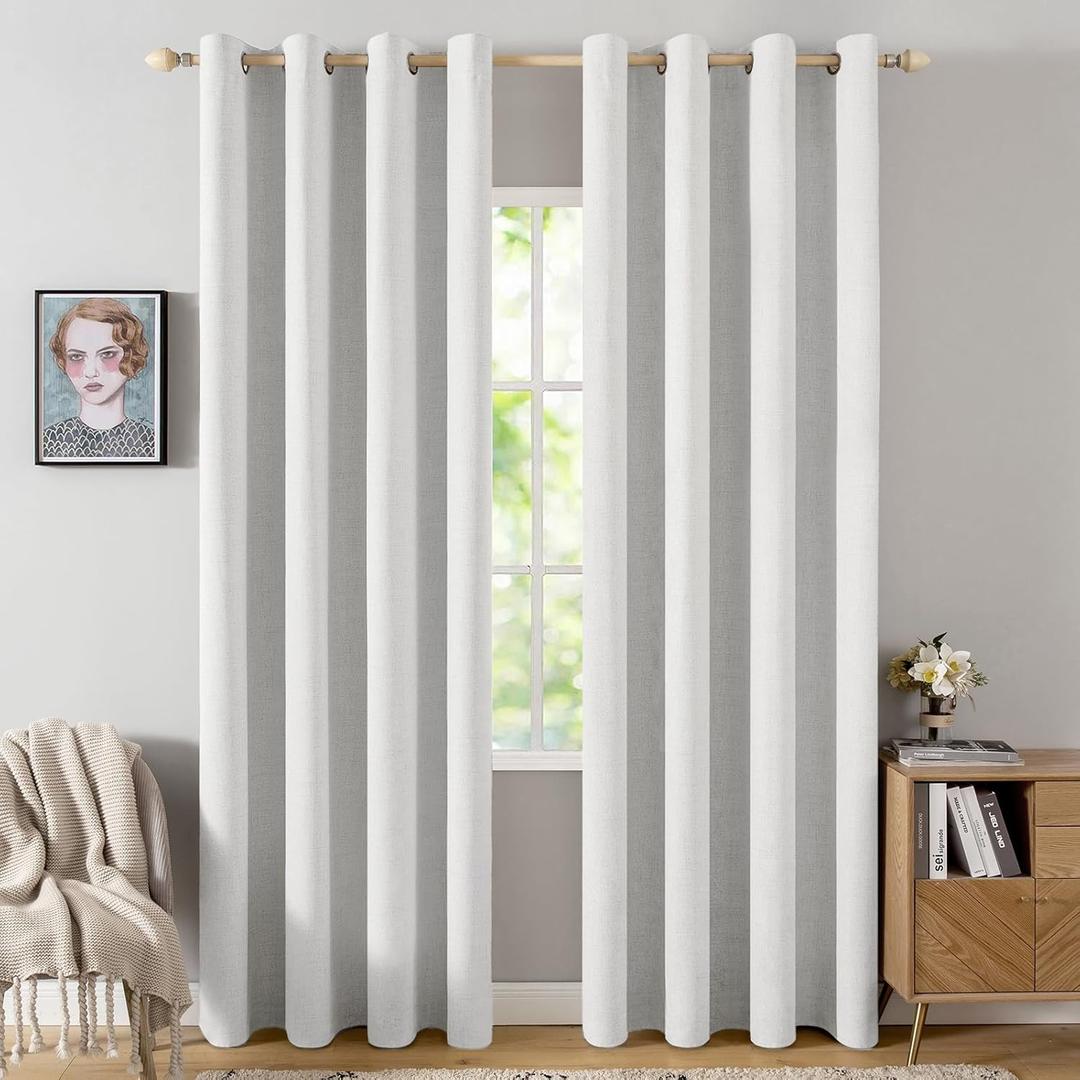MIULEE 100% Blackout Linen Textured Curtains for Bedroom Solid Thermal Insulated Heathered White Grommet Room Darkening Curtains & Drapes Luxury Decor for Living Room 52 x 84 Inch (2 Panels)