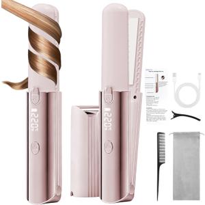 CHIKYO Cordless 2 in 1 Hair Straightener Portable On-The-Go Curling Iron, Portable Power Bank, 7 Temps, LED Display, Rechargeable Mini Flat Iron for Travel, 5000mAh Battery, Pink