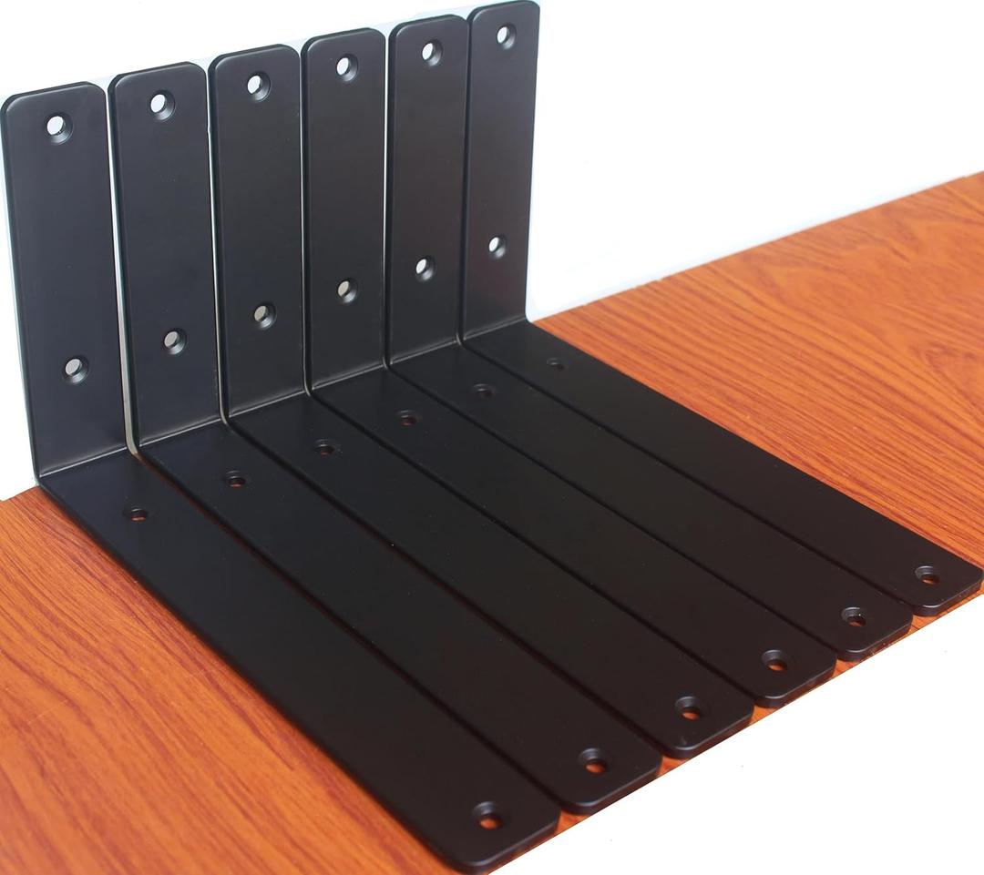 6 Pack - L 10" x H 6" x W1.5, 5mm Thick Black L Shelf Bracket, Iron Shelf Brackets, Metal Shelf Brackets, Floating Shelf, Shelf Supports with Screws