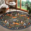 Cute Botanical 5ft Round Area Rug in Black Green Washable, Thin Profile Vintage Floral Cottagecore Rustic Bedroom Rug, Cute Summer Tropical Jungle Nature Area Rug for Living Room Entryway Kitchen