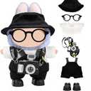 2 x Clothes for LABUBU 17cm Doll (NO Doll) 6-Piece Set, Hat + Overalls + Shirt + Camera + Glasses + Shoes, Outfit for LABUBU, Premium Dolls Accessories for LABUBU (Black)
