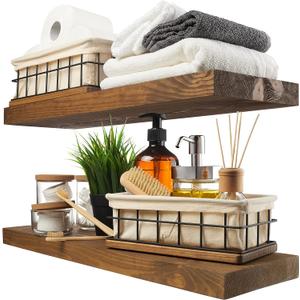 BAOBAB WORKSHOP Wood Floating Shelves Set of 2 - Rustic Shelf 24 inch - Floating Shelf for Wall Mounted - Wide Wooden Wall Shelves for Living Room Bedroom Kitchen Bathroom - Walnut - 24D x 6.7W