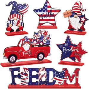 Qunclay 6 Pieces Patriotic Table Decor Memorial Day Table Decorations Wooden Gnome Freedom Truck Star 4th of July Table Signs for Veterans Day Independence Day Table Topper Decor Supplies (With Base)
