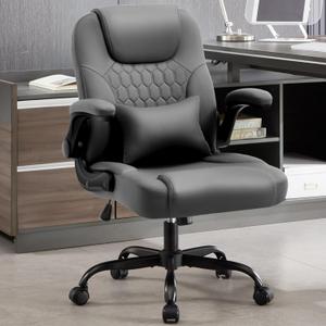 Executive Office Chair PU,Leather Office Chair with Wheels,360 Swivel Rolling Chair with Padded Arms,Ergonomic Computer Chair with Lumbar Support for Short People Use (Grey), Standard