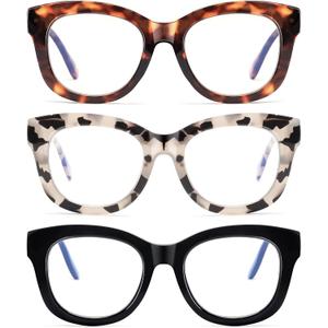 LADEESSE Readers for Women Oprah Style 3 Pack Square Oversized Reading Glasses with Spring Hinge Blue Light Blocking Ladies (Black+grey+tortoiseshell)