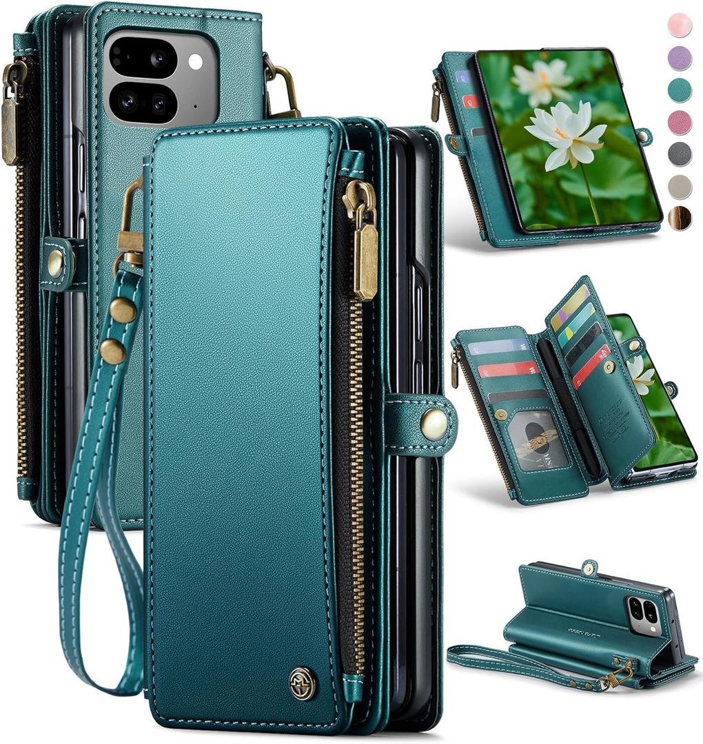 Defencase Compatible with Pixel 9 Pro Fold Case Wallet with RFID Blocking Card Holder & Pen Holder PU Leather Magnetic Snap Flip Zipper Strap Phone Case Fit for Google Pixel 9 Pro Fold, Blue Green