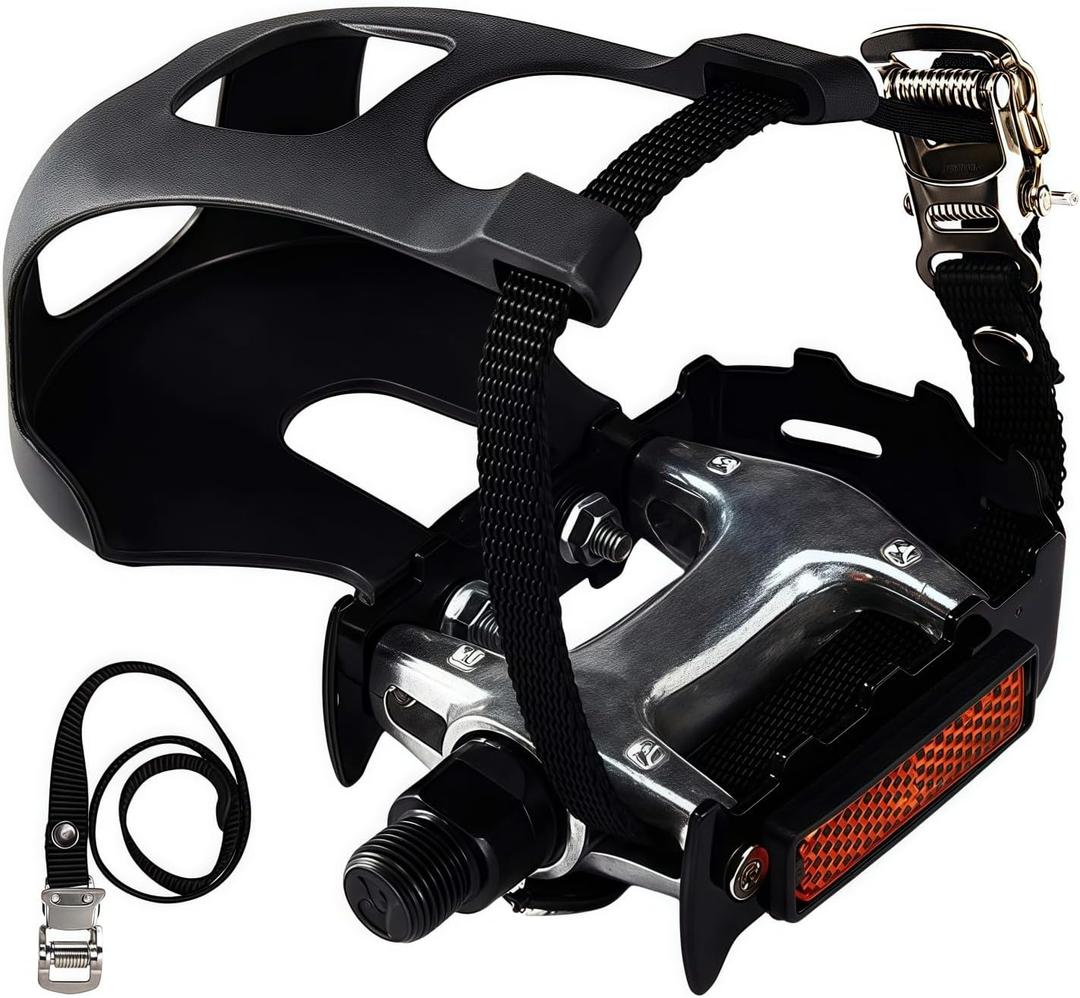 YBEKI Pro-Grade Spin Bike Pedals with Toe Clips & 4D Adjustable Straps - 9/16" Alloy Spindle for Mountain Road Bikes/Peloton/Schwinn/Sunny Bikes | 500lb Load Capacity 