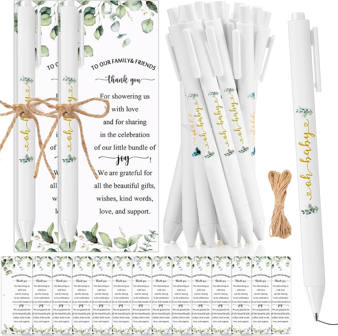 Tenceur 50 Set Baby Shower Pens Greenery Baby Shower Favor for Guest Sage Ballpoint Pens with Woodland Thank You Cards Gender Reveal Party Favor for Girl Boy Party Souvenirs Prizes