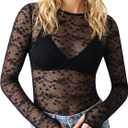 Women's Lace Tops Mesh Sheer Long Sleeve See Through Undershirt (Black, XL)