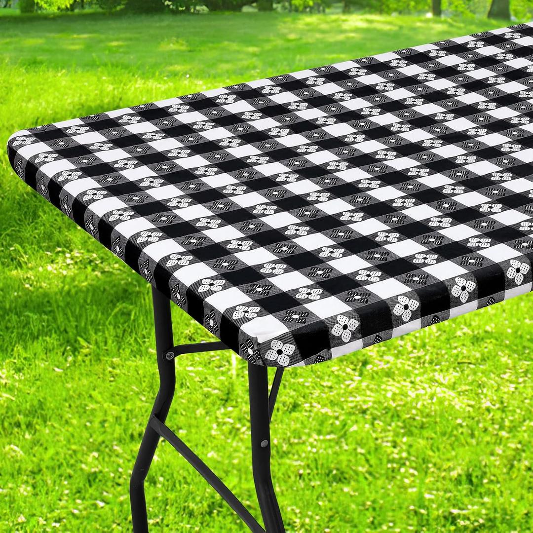 Rectangle Vinyl Table Cloth, Waterproof Elastic Fitted Tablecloth with Flannel Backing, Plastic Table Cover for Picnic, Camping, Outdoor (Black & White, 24"x48")