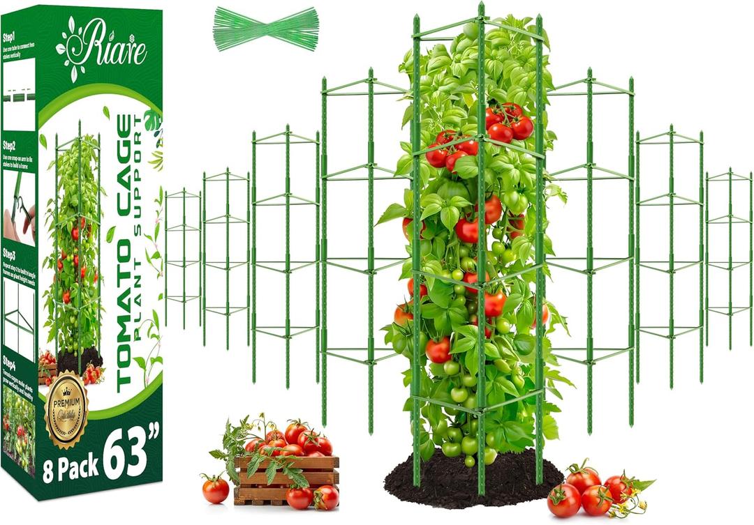 Riare 8 Pack 5.2 FT Tomato Cages for Garden- 63inches Heavy Duty Tomato Stakes and Supports, Adjustable Tall Tomato Plant Support Trellis for Pots, Raised Garden Bed, Climbing Vegetables Plants