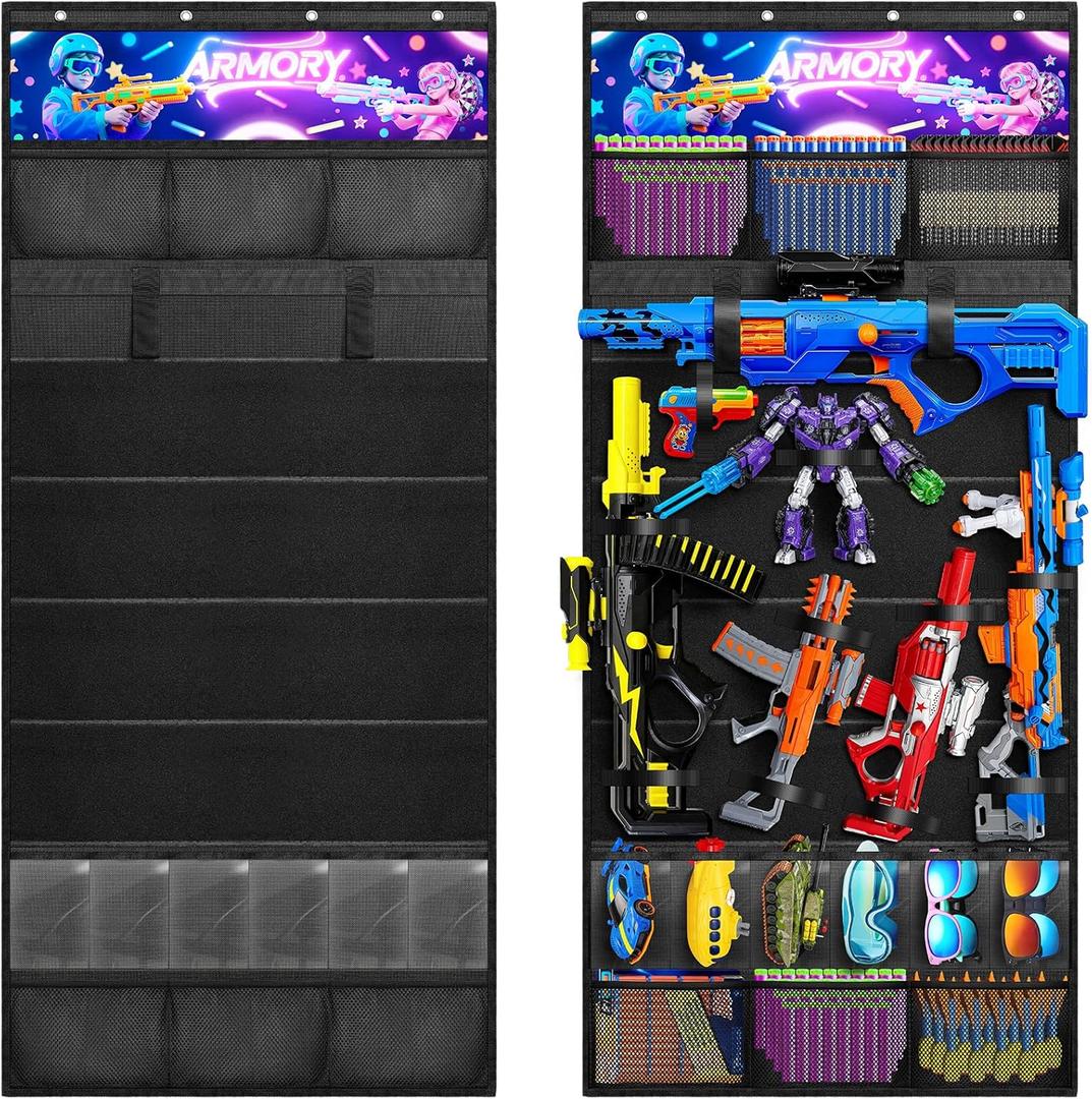 Over the Door Organizer for Toy Guns,Toy Gun Storage and gun accessories, Toys Storage Door Hanger with Pockets and Slots for Kids Rooms, Game Rooms (Black)