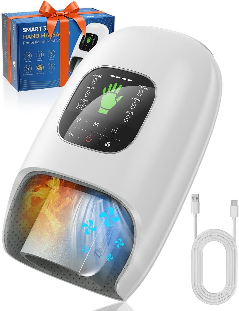Hand Massager with Heat and Compression, Hot & Cool, Finger Wrist Palm Full Hand Massage for Arthritis and Carpal Tunnel Relief, 9 Modes & 9 Intensities, 4 Heating, Mothers Day Gifts for Women Men