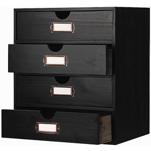 Wooden Storage Box Rustic Desktop Organizer with 4 Drawers Office Desk Accessories Shelf Large Craft Storage Containers Apothecary Cabinet and Chest Jewelry Holder for women(BLACK)