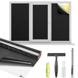 Kromapolis Blackout Window Privacy Film Total Light Blocking Room Darkening Window Covering, Removable Static Cling Frosted Glass Tint, Non-Adhesive, Black 17.5'' x 78.7''