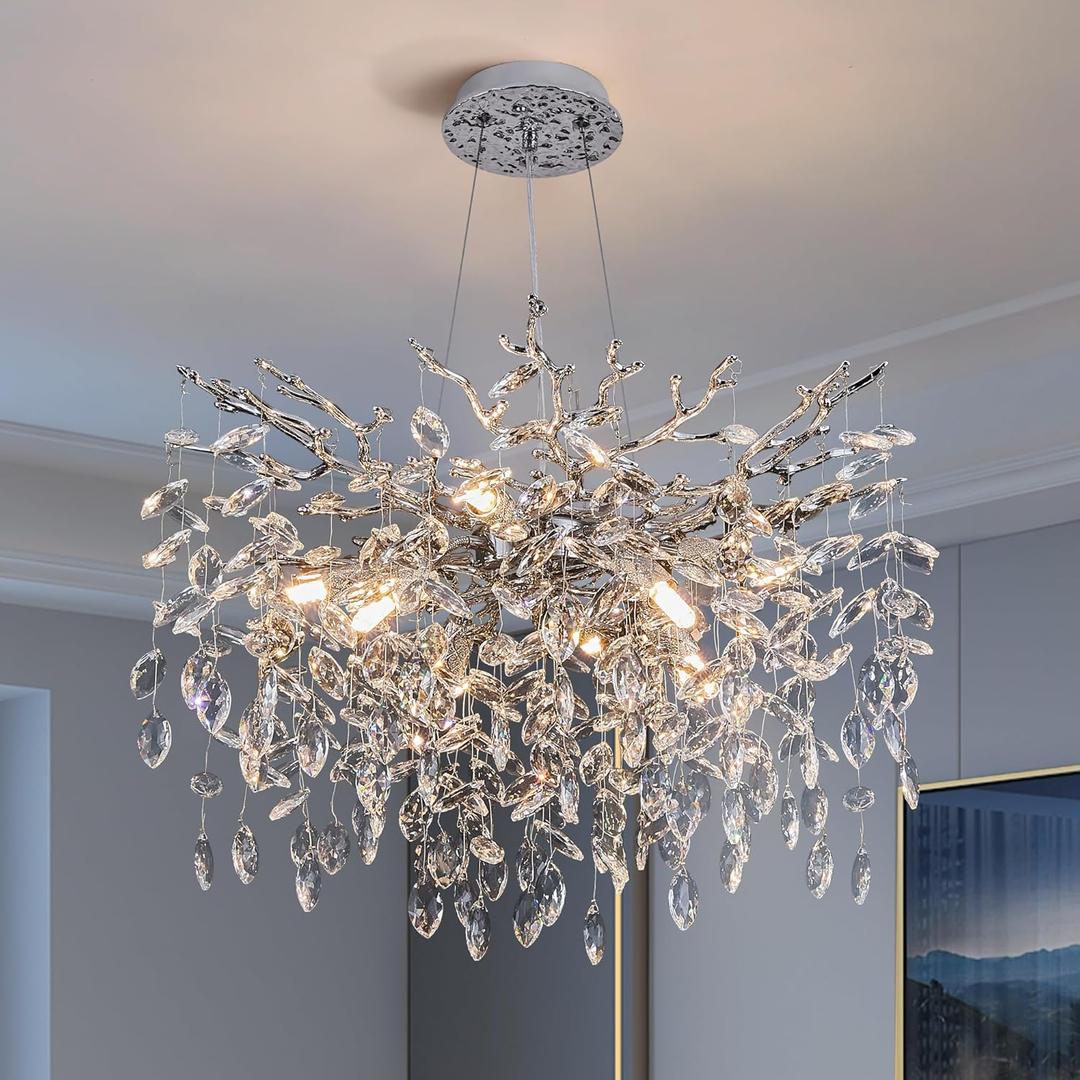 Modern Tree Branch Crystal Chandelier Luxury Silver Crystal Pendant Lighting 23.6" Contemporary 8-Light Chandeliers for Dining Room Kitchen Bedroom Living Room