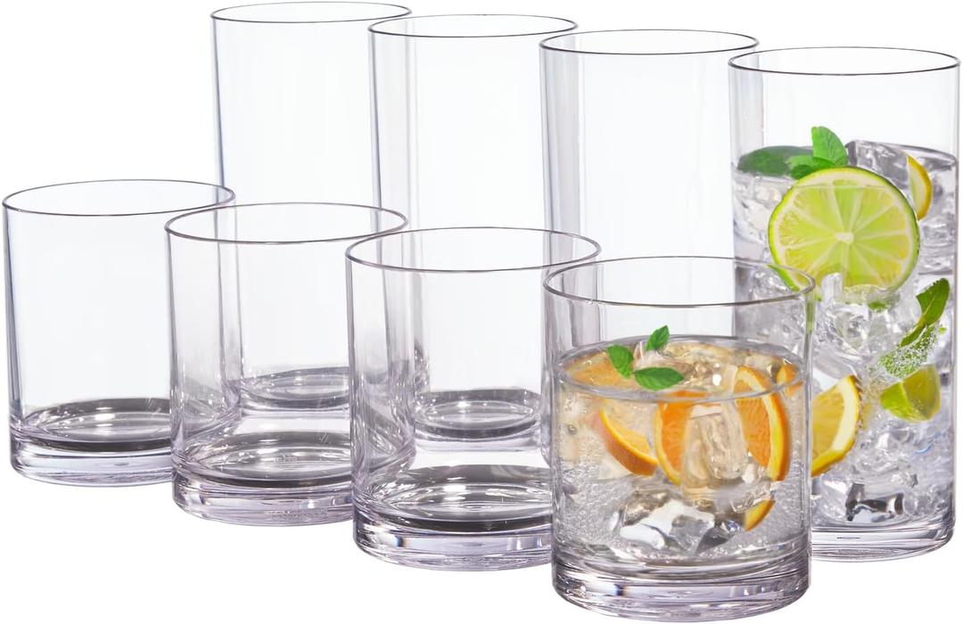 US Acrylic Classic Clear Plastic Reusable Drinking Glasses (Set of 8) 12oz Rocks & 16oz Water Cups, BPA-Free Tumblers, Made in USA, Top-Rack Dishwasher Safe