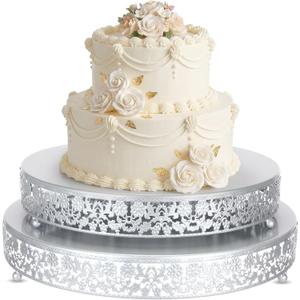 2 Pack Cake Stand Set, 14/16 Inch Metal Round Cupcake Dessert Stand Decorative Elegant Cake Display for Weddings Party Birthday Baby Showers Anniversary(Classic Floral,Silver)