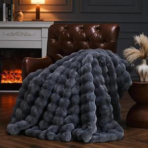 Faux Fur Throw Blanket for Couch, Fluffy Fuzzy Plush Bubble Blanket, Soft Warm Cozy Shaggy Rabbit Blanket, Luxury Decorative Gifts for Sofa Bedroom Living Room, 60x50inch, Grey 