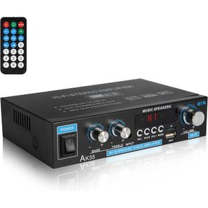 Stereo Amplifier AK35 Bluetooth 5.0 Receiver Home Audio 100Wx2 Dual Channel Speaker Amplifier with FM Radio, USB, SD Card Input for Home Theater Audio Stereo System with Remote Control