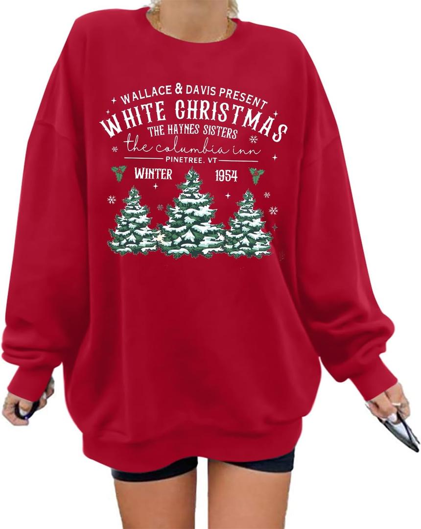 MYHALF Womens White Christmas Sweatshirt Crewneck Christmas Tree Graphic Shirts Oversized Xmas Pullover Sweater Size M