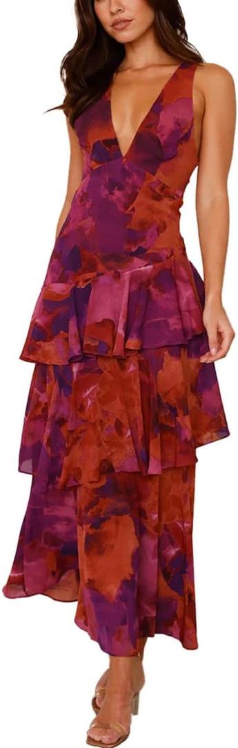 Women's Floral Maxi Dress Sexy Deep V Neck Ruffles Backless Cocktail Party Wedding Guest Dresses (Large)