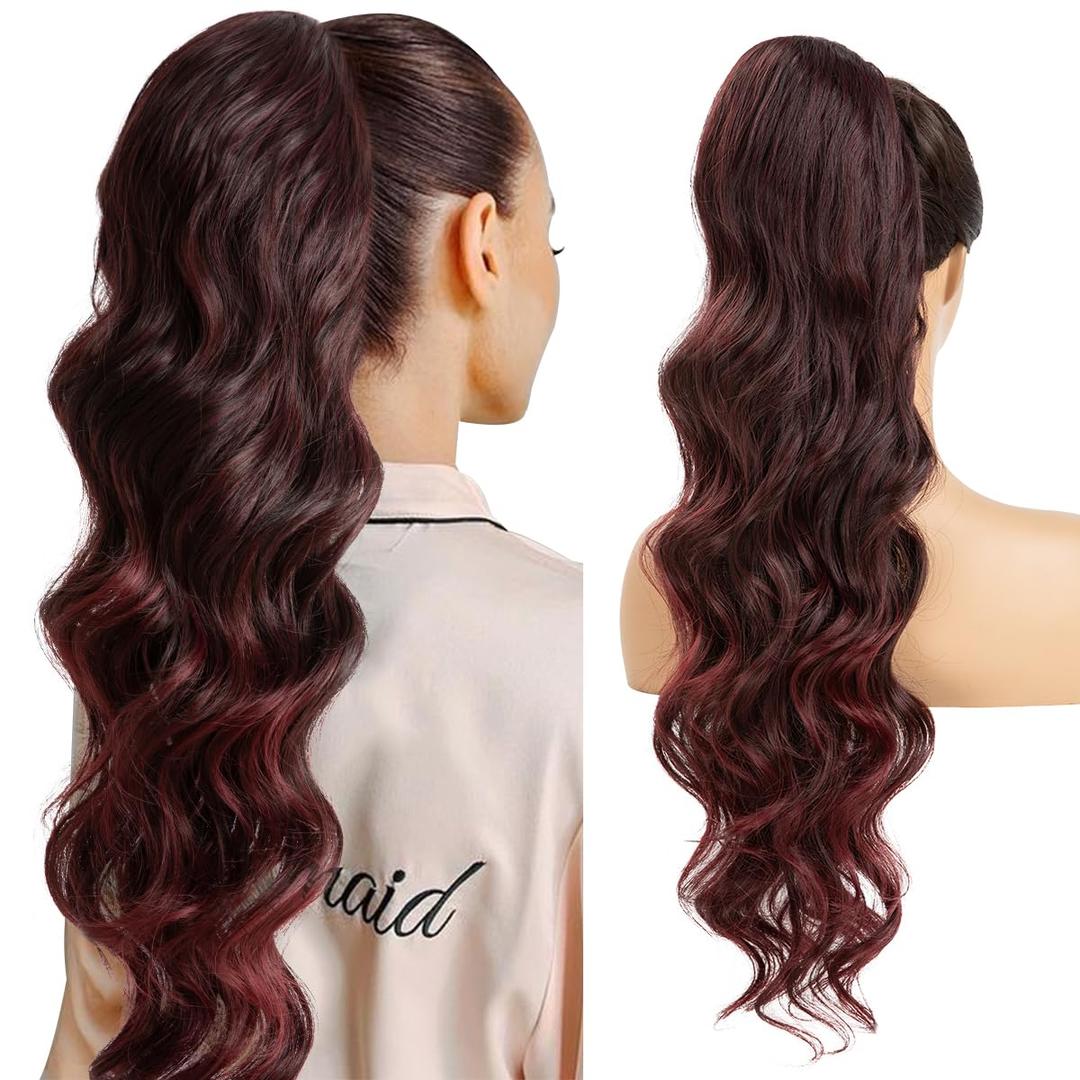 Burgundy Wavy Drawstring Ponytail Extensions Long 26 Inch Synthetic Fake Hairpiece for Women