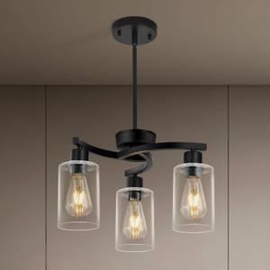3 Light Modern Dining Chandeliers Over TableBlack Light Fixture for Dining RoomFarmhouse Chandelier with Glass ShadeIndustrial Pendant Lights Kitchen IslandFoyer,Hallway, Bedroom