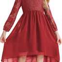 blibean Girls Long Sleeve Fall Dresses 2025 Flower Girl Lace Formal Wedding Party Dress Size 6-15 Years (Red)
