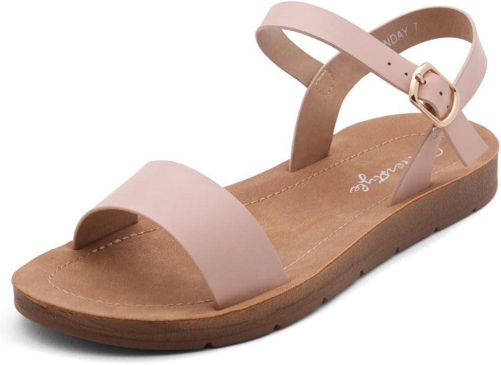 Herstyle Flat Sandals for Women – Open Toe One Band Ankle Strap Summer Dressy Sandals, Lightweight Casual Strappy Slip-On Flats with Adjustable Buckle, Nude, Size 8.0, Monday