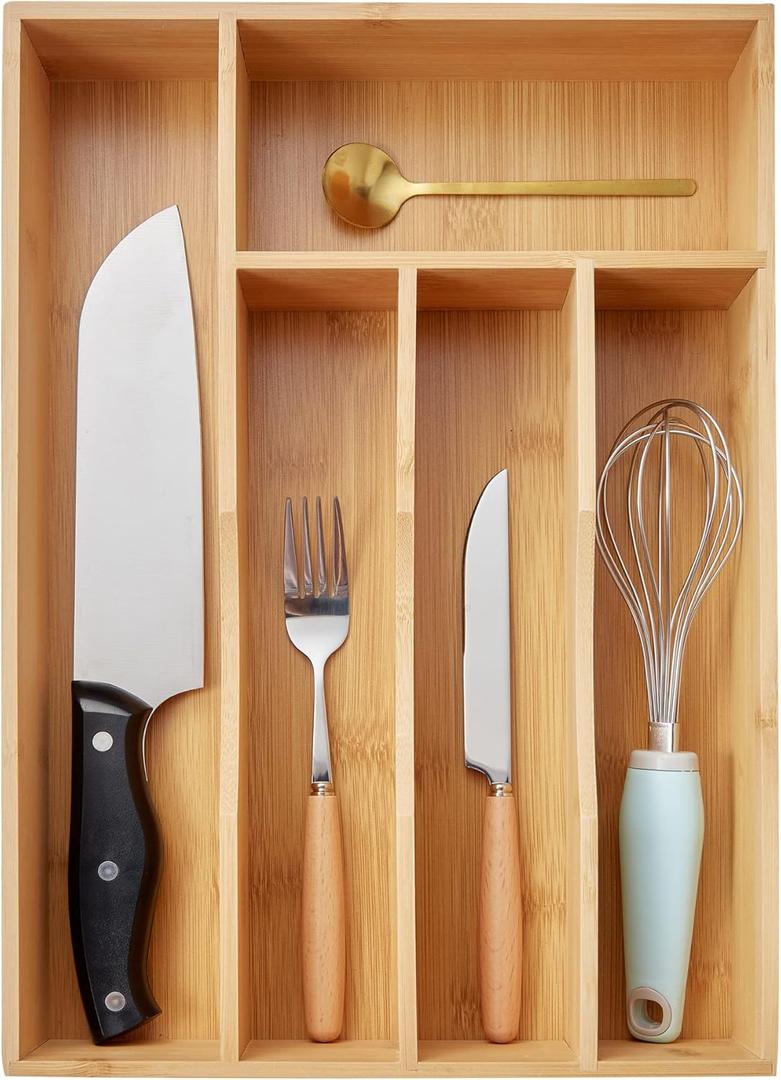 Juvale Narrow Bamboo Silverware Drawer Organizer, Wooden Cutlery Tray Holder for Utensil Storage with 5 Slots, 14.5 x 10.25 x 1.75 Inches
