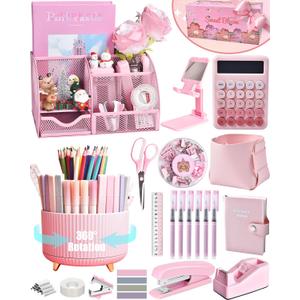 LXEVIHK 21Pcs Pink Desk Organizers and Accessories With Mesh Desk Organizer and 360 Rotating Pen Holder and a Lot of Office Pink Office Supplies Beautifully Presented in a Gift Box