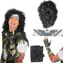 Watt's Wigs 80s Rock Star Costume Men  Black Wig with Headband, Tattoo Sleeve & Glove  80's Rocker Outfit for Men, Rockstar Wig, 1980s Costumes for Adults, Halloween Cosplay