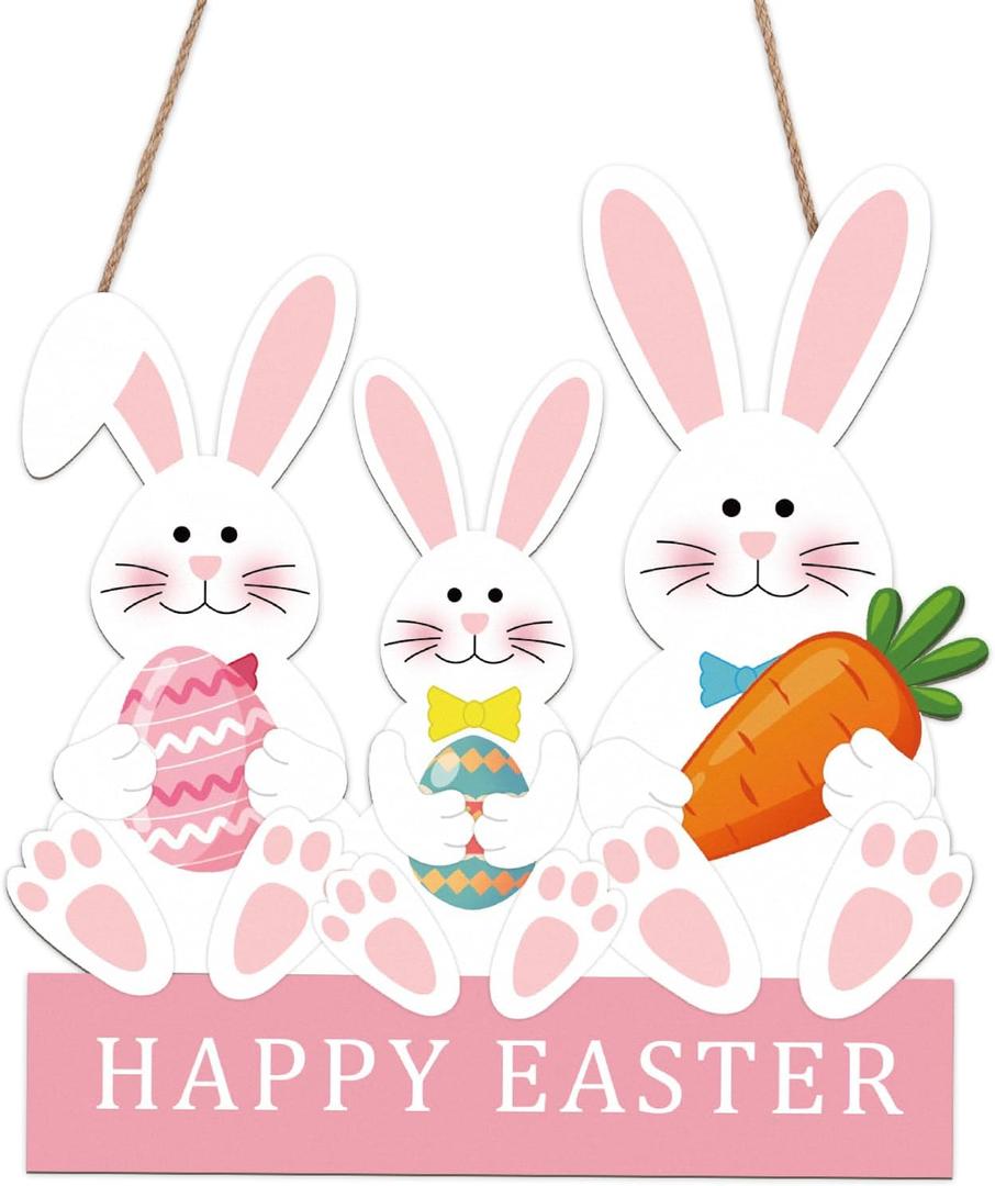 Whaline Easter Bunny Wooden Door Sign with String Hanging Plaque Cute Rabbit Hanging Sign for Holiday Outdoor Indoor Porch Wall Decor, 11.8 x 12.1 In