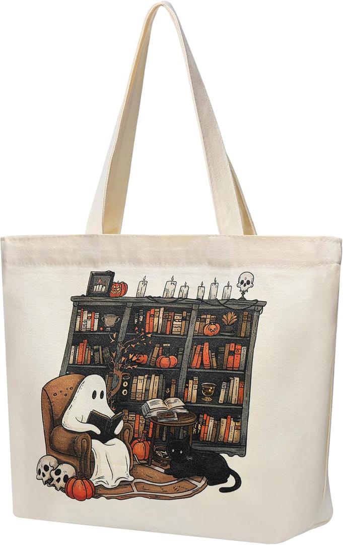 Christmas Book Lovers Gift Tote Bag, Ghost Reading Books Bag Spooky Gifts for Women Bookworm Bookish Librarian Bookish