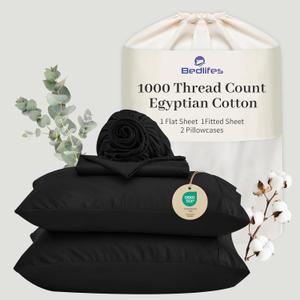 Bedlifes Egyptian Cotton Sheets 1000 Thread Count King Size, 4-Piece 16" Deep Pocket - Cooling & Breathable Ultra Soft Bedding for Hotel Comfort (Black)
