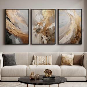 Large Framed Neutral Abstract Wall Art for Living Room, 3 Piece Modern Canvas Prints Paintings Artwork for Walls, Oversized Beige Gold Pictures for Hallway Dining Bedroom Office Wall Decor 24x36 In