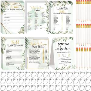 Estune 331 Pcs Bridal Shower Games Supplies, 5 Sets 250 Pcs Wedding Cards 1 Put a Ring on It Bridal Shower Games with 60 Rings and 20 Pencils(Green Leaves)