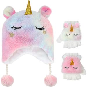 Unicorn Winter Hats and Gloves for Girls, Cute Fluffy Girls Earflap Beanie with Winter Mitten for Kids (Multicoloured)