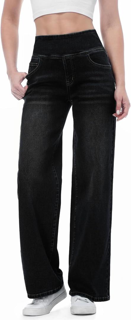 Pull on Wide Leg Jeans for Women, High Waisted Stretchy Baggy Trendy Tummy Control Straight Leg Jeans Denim Pants (Large, Black)