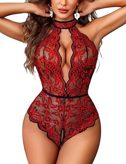 Avidlove Lingerie for Women Halter Lace Bodysuit V Neck Teddy One Piece Babydoll Nightgown, M, Red Black
