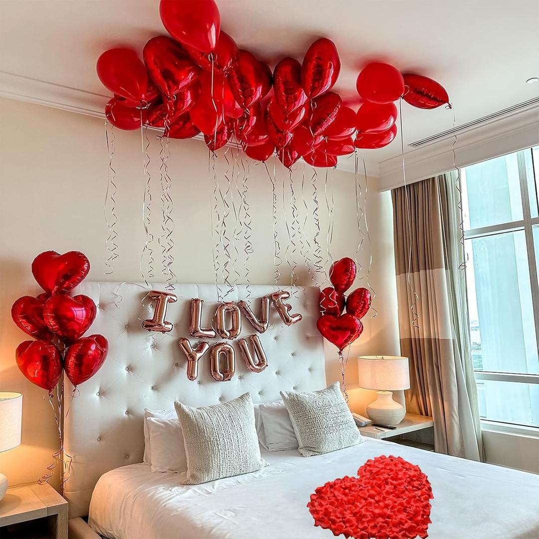 Valentines Day Balloons Decorations Heart Balloons Kit Rose Petals Flower Decoration Balloon banner for Valentine Party Decorations Anniversary Day Wedding Romantic Decorations Special Night