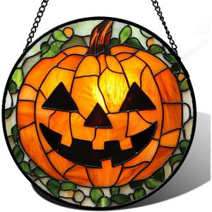Stained Glass Window Hanging, Halloween Decorations Evil Pumpkin Suncatcher for Doors Garden Indoor Spooky Funny Orange Sun Catchers Gothic Decor Horror Gifts for Women Men Friend 6.3 in