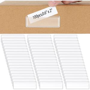Jeyiour 100 Pcs Label Holders Adhesive Nameplate Pockets Storage Bin Labels Index Card Holder Shelf Plastic Peel Stick for Classroom Supermarket Bookshelf Library Student Box Drawer (2 x 0.6 Inch)