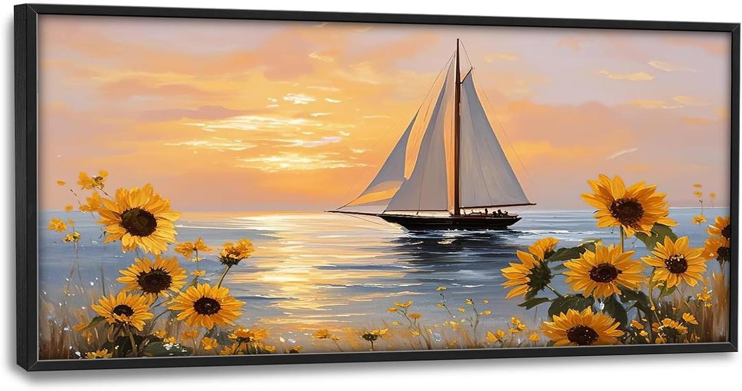 Large Sailboat Wall Art for Living Room Big Sea Sailboat Wall Decor Coastal Nautical Canvas Prints Painting Seascape Pictures Ocean Sunrise Sunset Decorations for Bedroom Office Framed Gifts 30"x60"