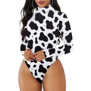 American Trends Bodysuit for Women Body Suit Long Sleeve Bodysuit Tops Turtleneck Leotards Shapewear (X-Large US:16-18, Cow Print)